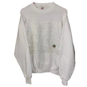 Vintage Jerzees women’s white crochet house with embroidered flowers crewneck M